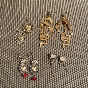 Costume Earrings Lot: Sacred Hearts, Snakes, Faceted Hearts